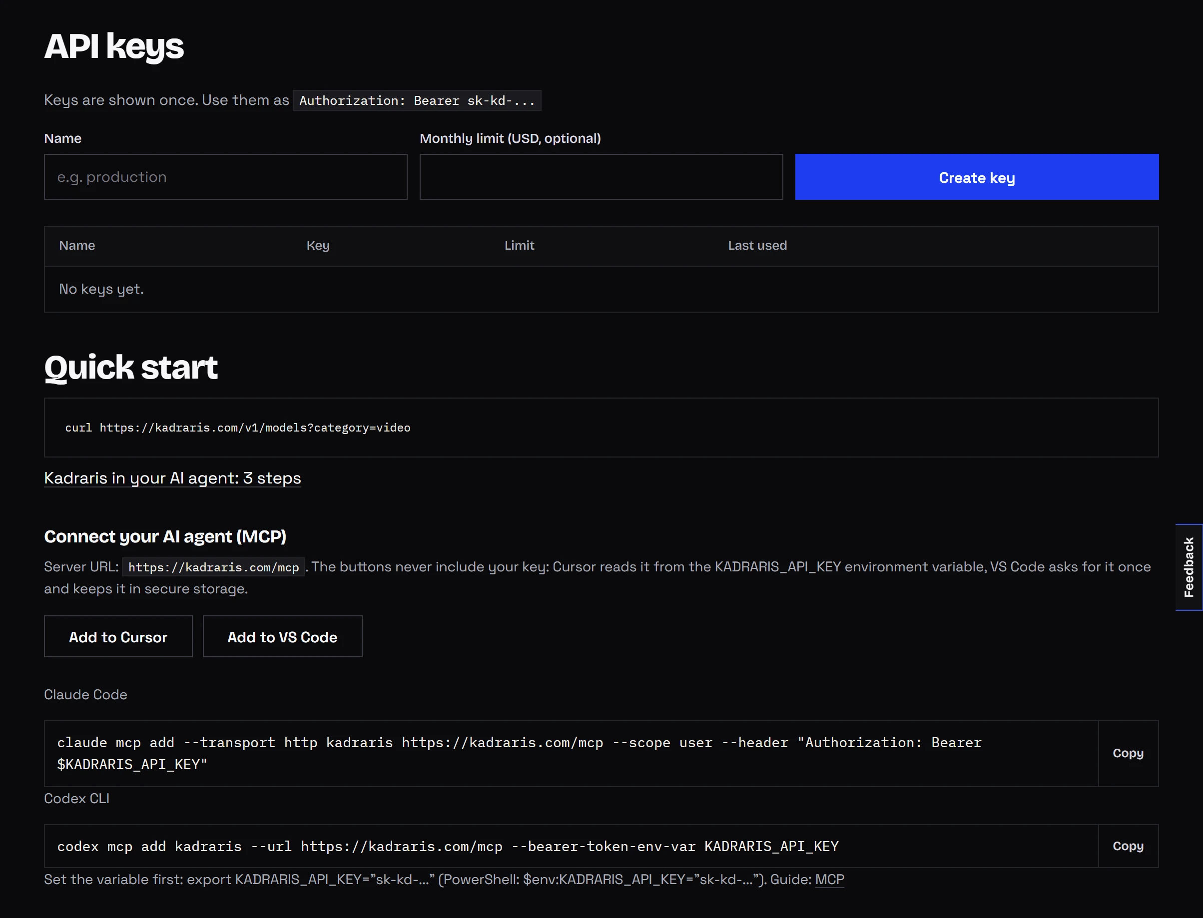 Dashboard: creating an API key with a name and an optional monthly limit