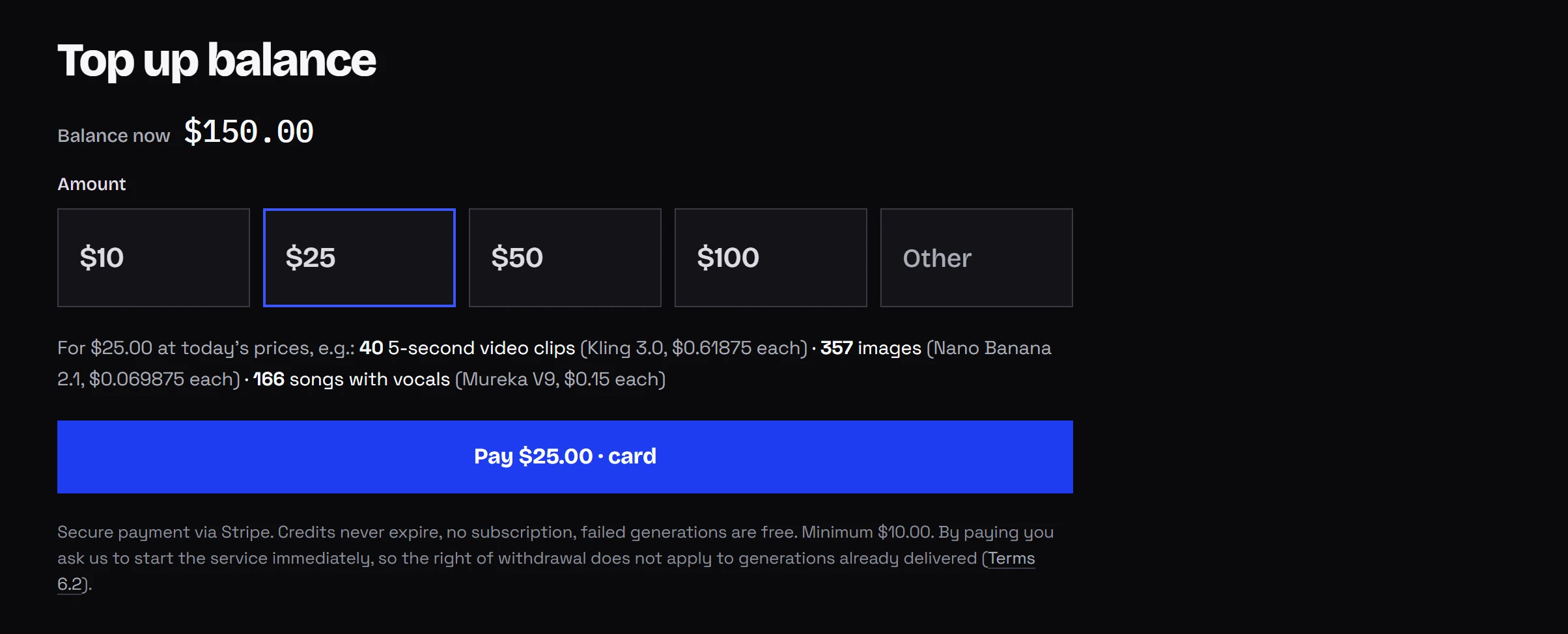 Dashboard screen for adding funds with preset amounts and a field for your own sum