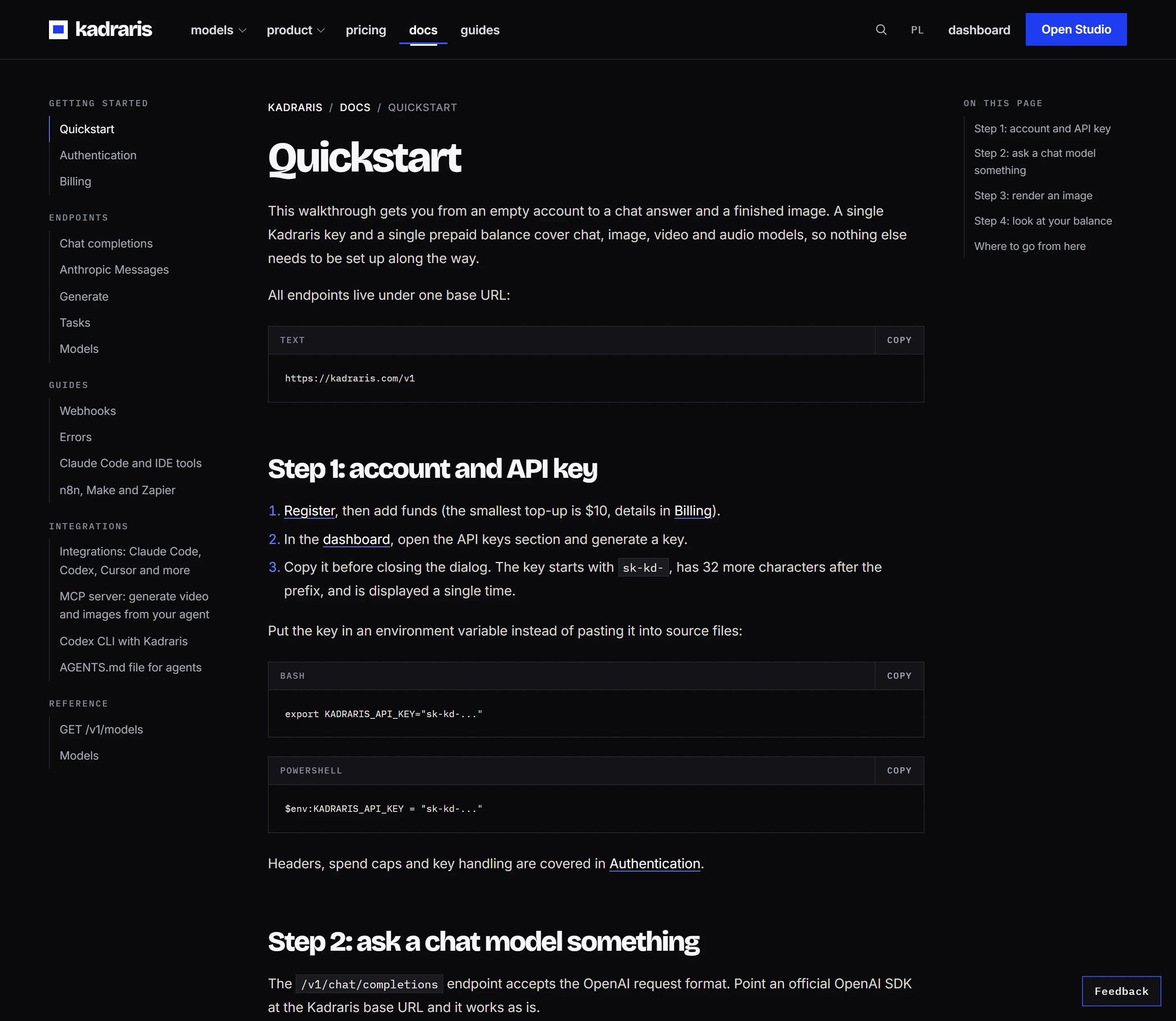 Kadraris quickstart page with base URL and a first chat request
