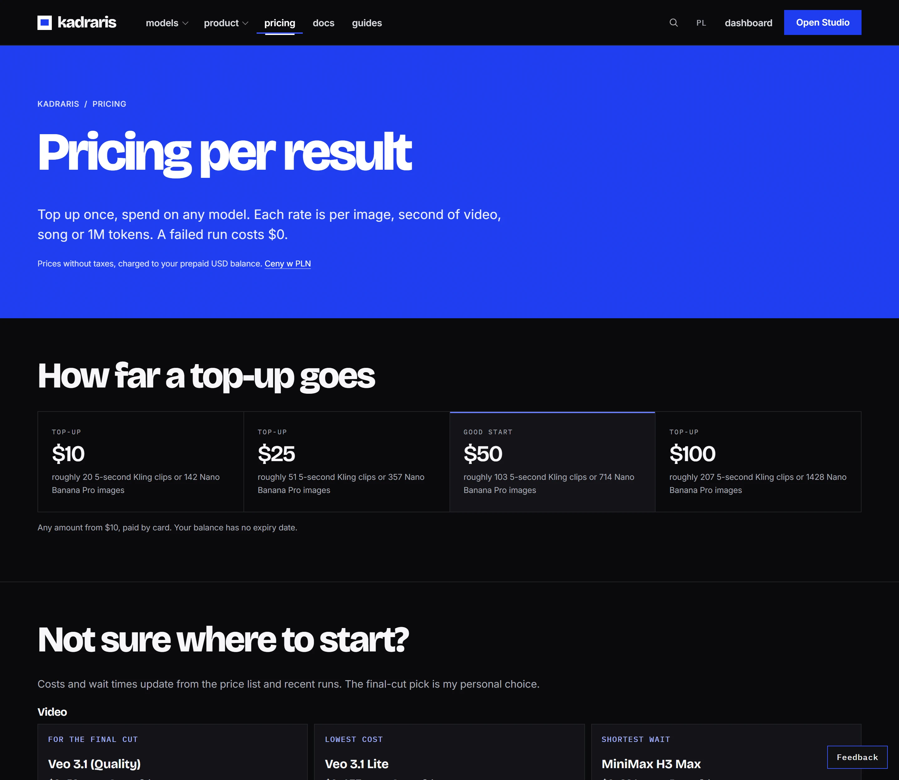 Pricing page with top-up amounts, the calculator and category tabs including Music and audio