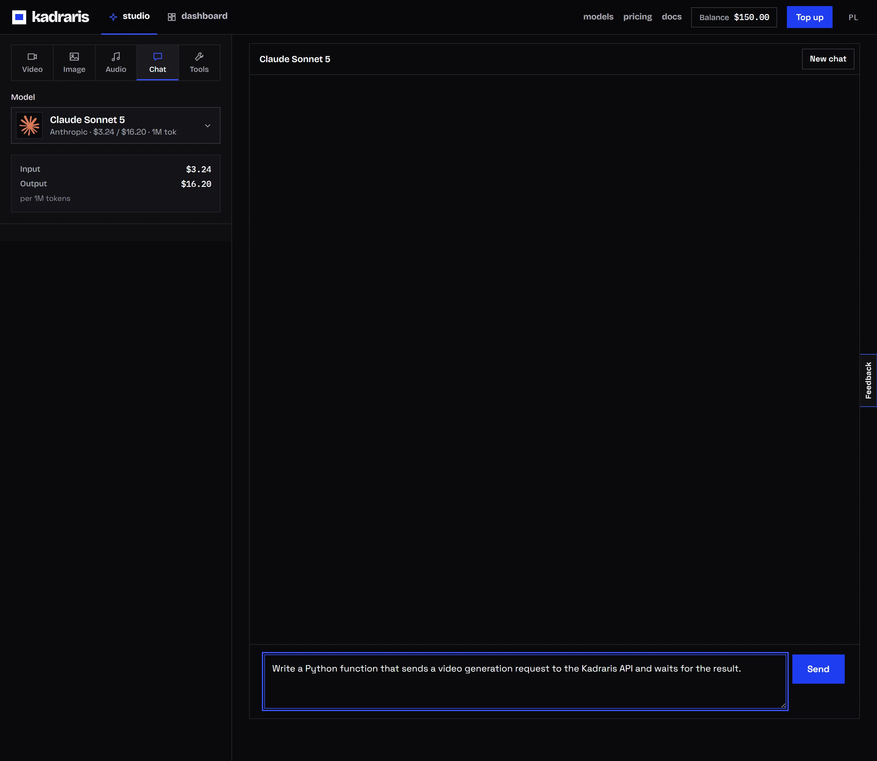 Chat and code tab in Studio, Sonnet 5 selected, two token rates shown underneath