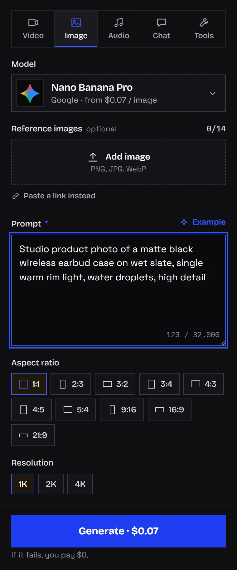 Nano Banana Pro in Studio with a square ratio, resolution buttons and reference uploads