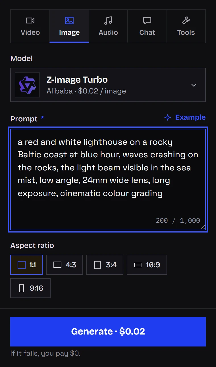 Z-Image Turbo in Kadraris Studio: prompt box, five ratio buttons, price before generating