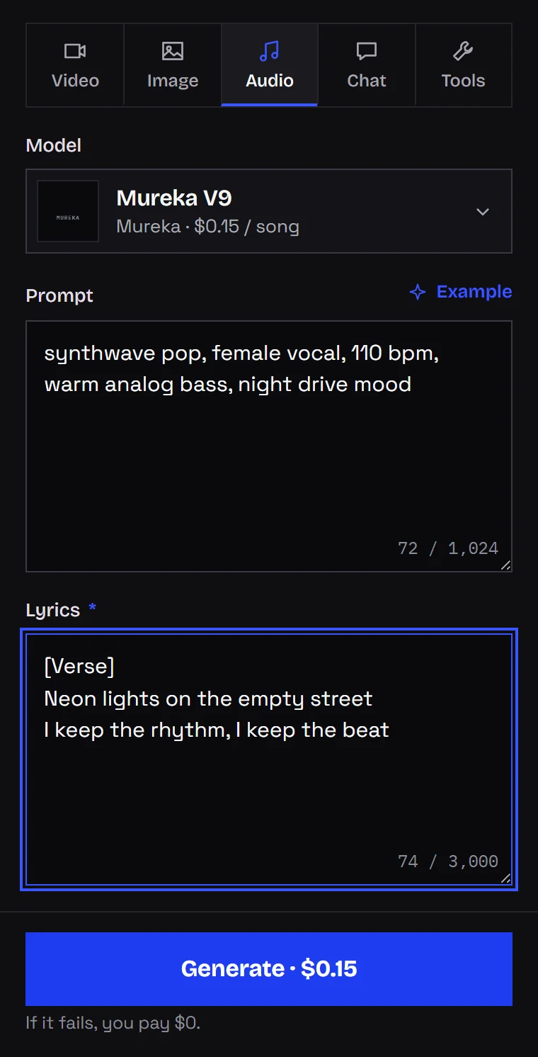 Studio form for Mureka V9 with a style line, lyrics and the price per song