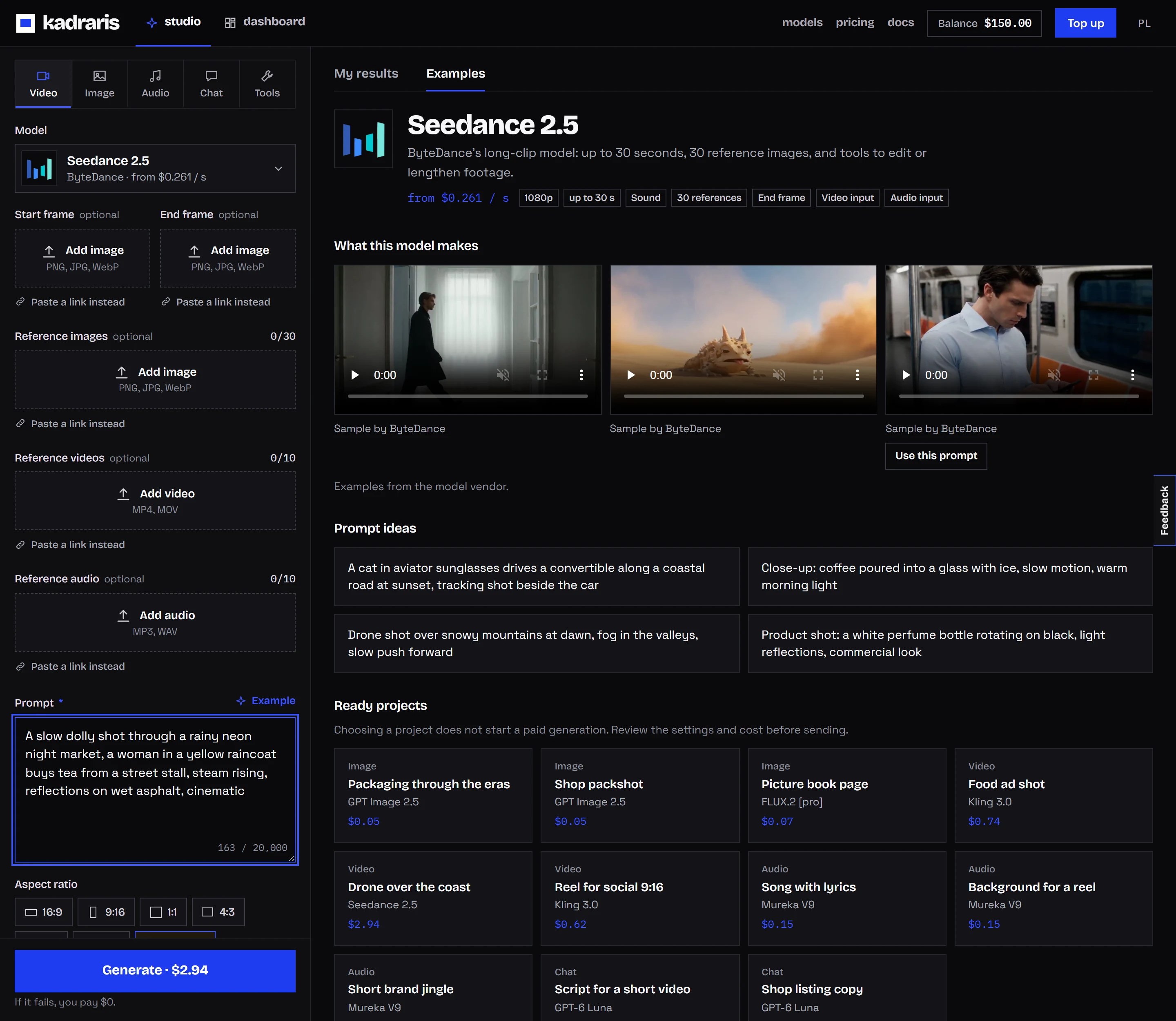 Studio with Video, Image, Audio, Chat and code and Tools tabs, balance top right