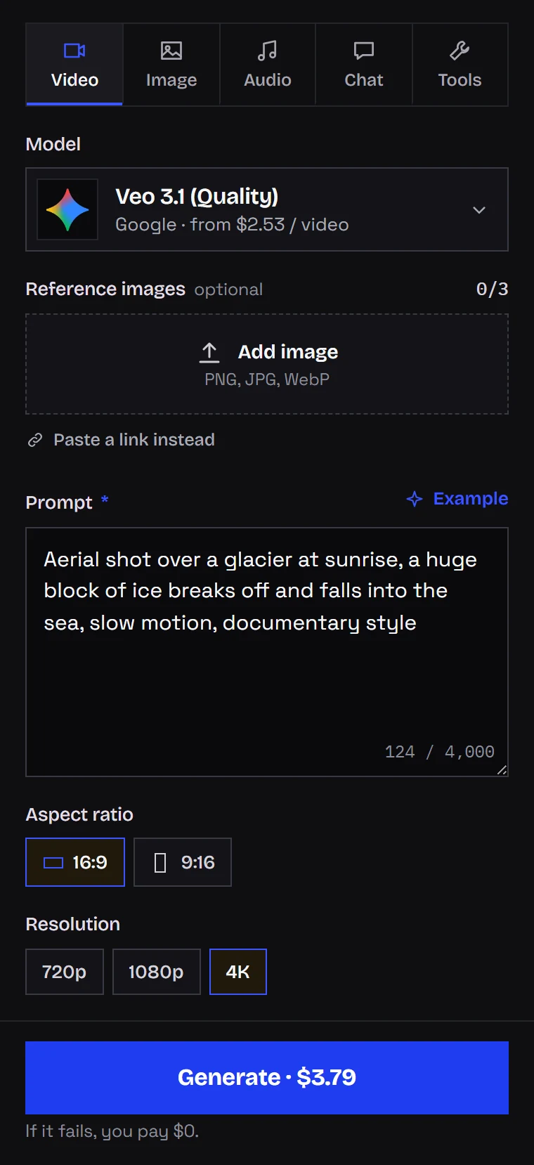 Veo 3.1 Quality form in Kadraris Studio: glacier prompt, 16:9, 4K, price shown up front