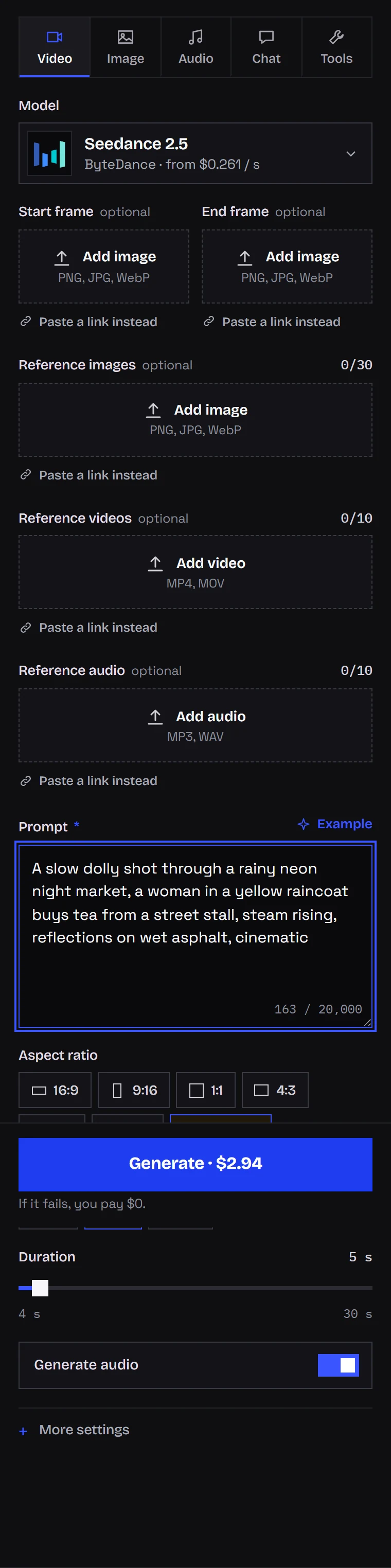 Studio form for Seedance 2.5 with 480p, 720p and 1080p options, a length setting and the price by the Generate button