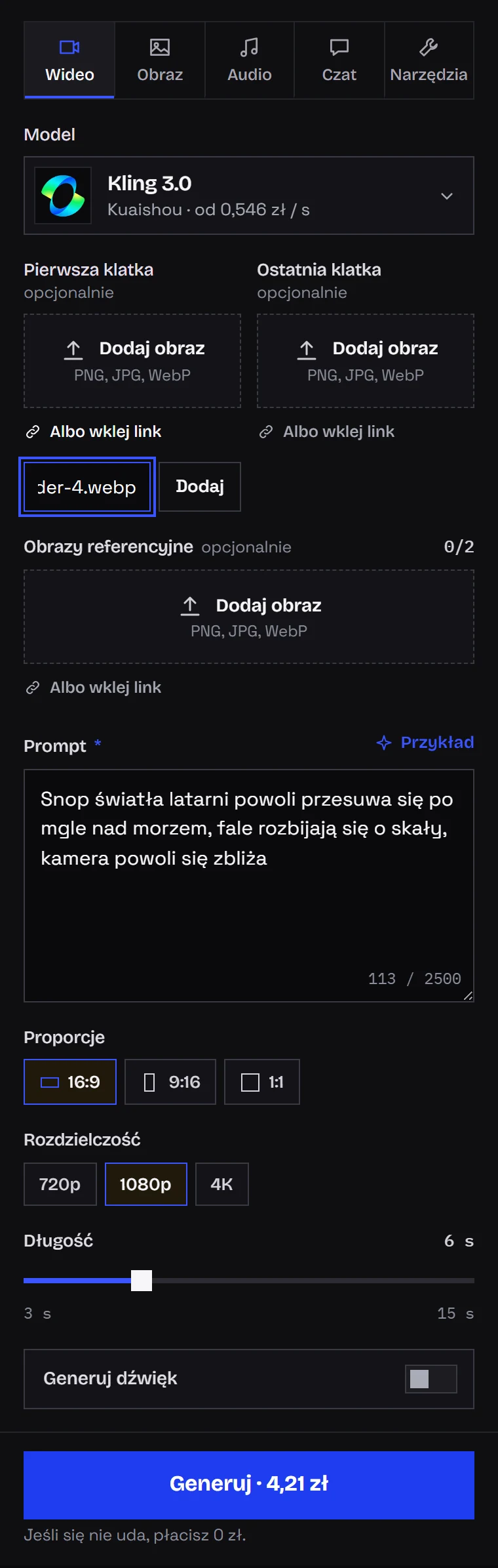Formularz Klinga w Studio z miejscem na zdjęcie startowe i przełącznikiem audio