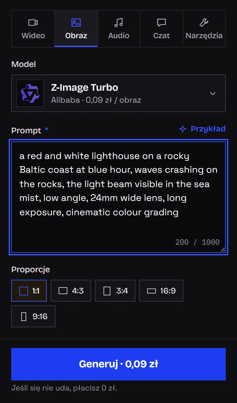 Ekran Studio z Z-Image Turbo: pole opisu, wybór jednej z pięciu proporcji i cena