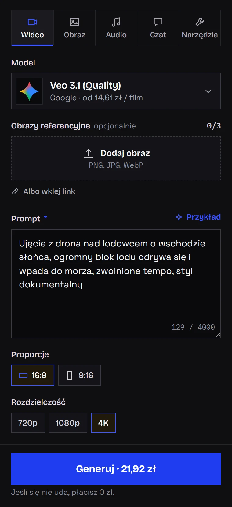 Ekran Studio z Veo 3.1 Quality, rozdzielczością 4K i ceną klipu