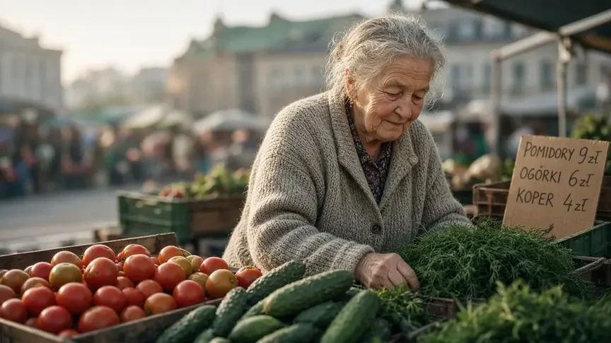 Older woman choosing dill at a market stand beside a handwritten Polish price card