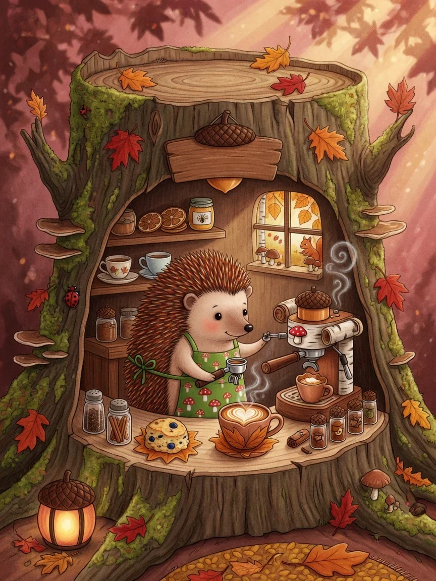 A hedgehog making coffee in a forest cafe, without lettering