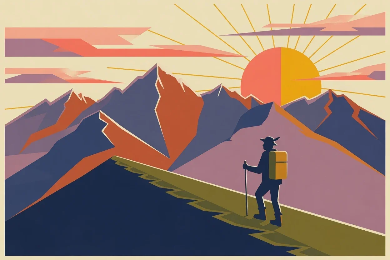 Vintage-style mountain poster with a lone walker at dawn