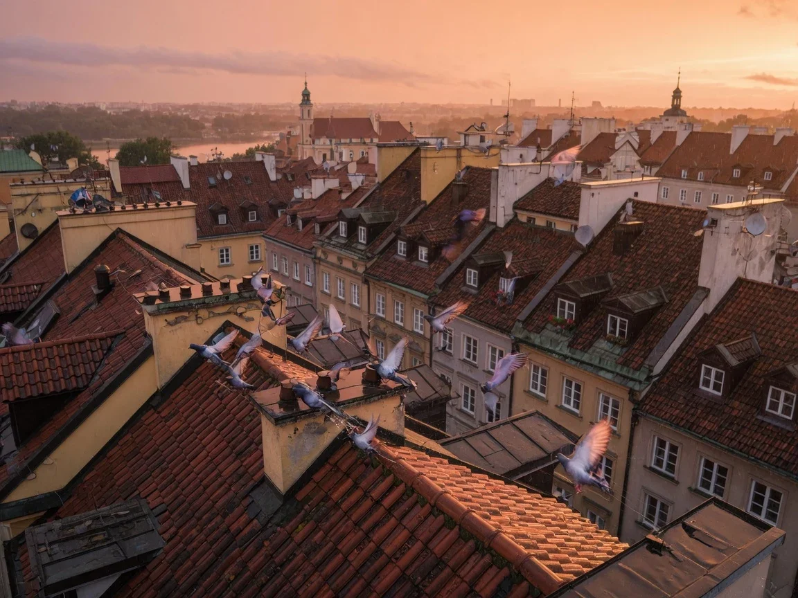 Dachy starego miasta w złotym świetle, ptaki rozmyte w ruchu