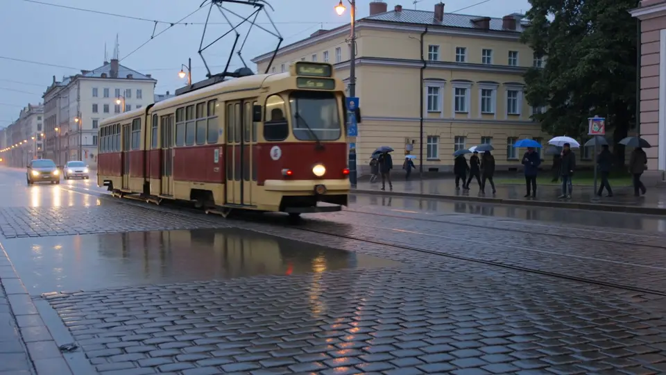 Daylight tram on a rain-soaked street, Kling 3.0