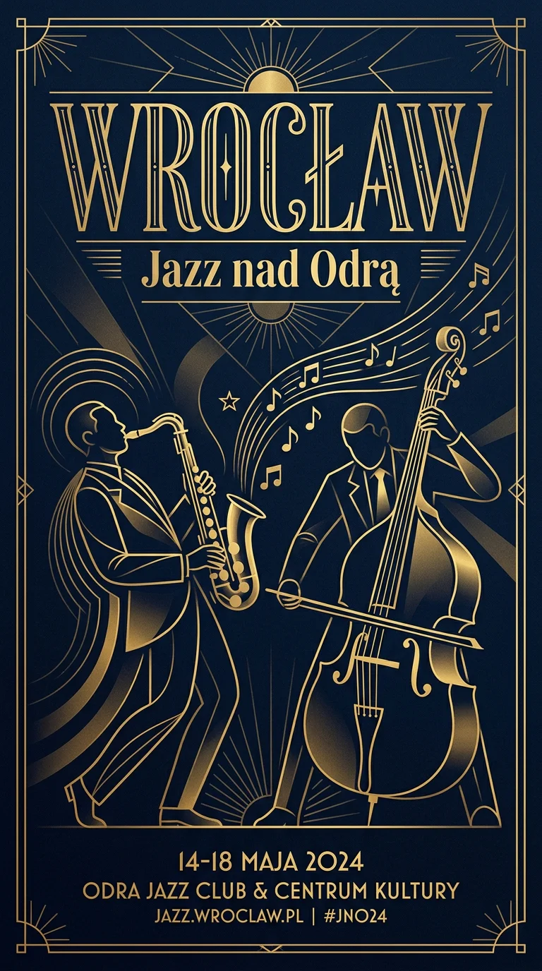 Plakat w stylu art deco z muzykami, na dole zmyślone terminy i adres www