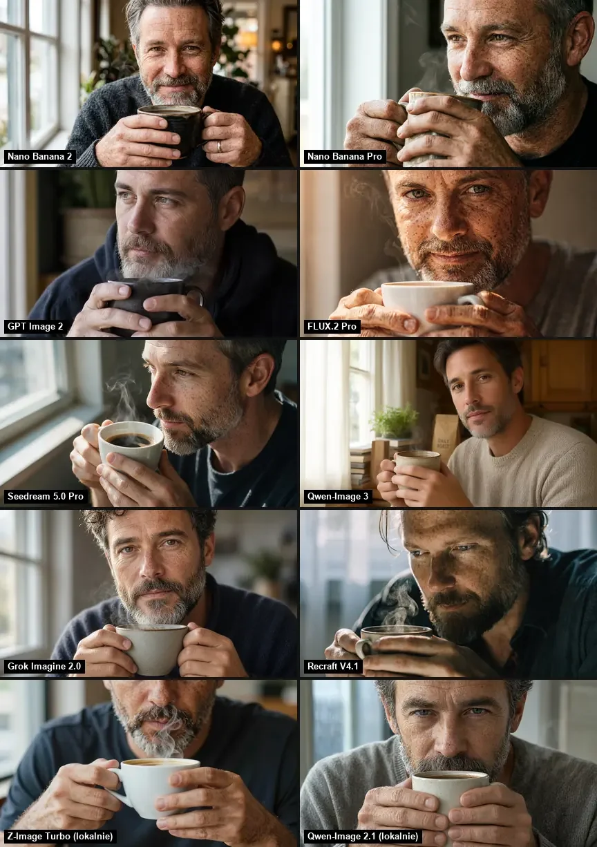 Grid of ten portraits of a grey-bearded man gripping a coffee cup in both hands