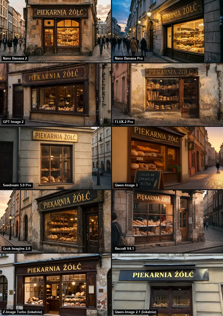 Grid of ten models rendering one bakery sign prompt