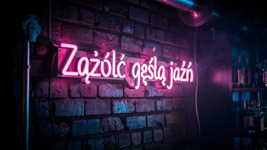 Neon na cegle z pangramem, w którym ogonki trafiły w złe litery