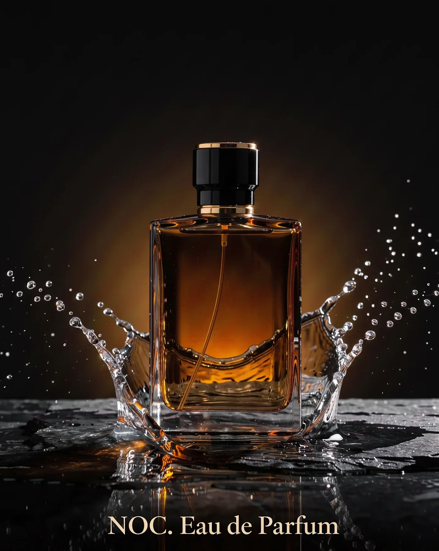 Amber perfume in a ring of splashing water on black stone, line NOC. Eau de Parfum