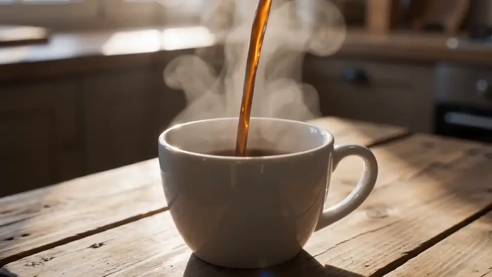 Seedance 2.0 Fast frame from my test: coffee going into a white cup on a wooden table
