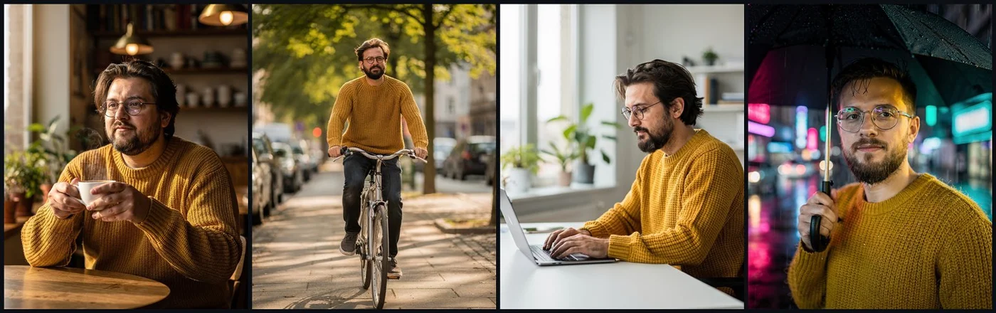 FLUX.2 pro board: one bearded man in glasses and a mustard jumper at a cafe, cycling, at a desk and out in the rain