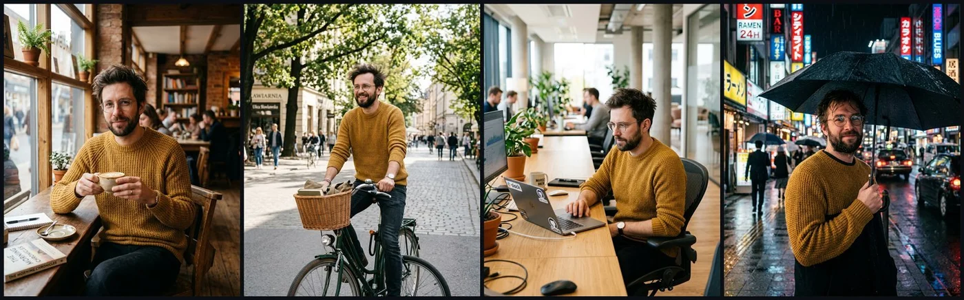 Nano Banana 2 board: a man in a mustard jumper in four scenes whose face changes from shot to shot