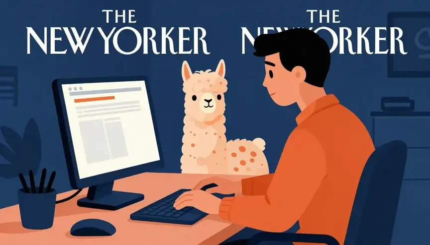 Flat-style office scene with a llama and a magazine title repeated across the top