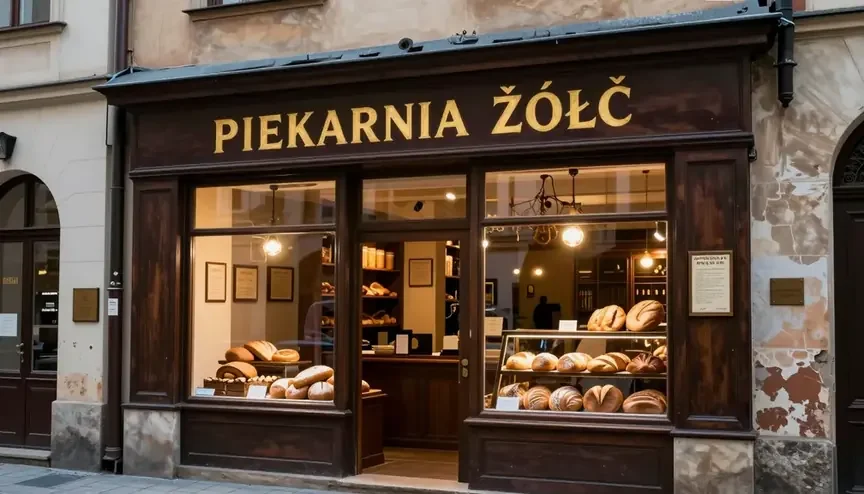 Bakery front where the sign says PIEKARNIA ŽÓŁČ with the wrong accents