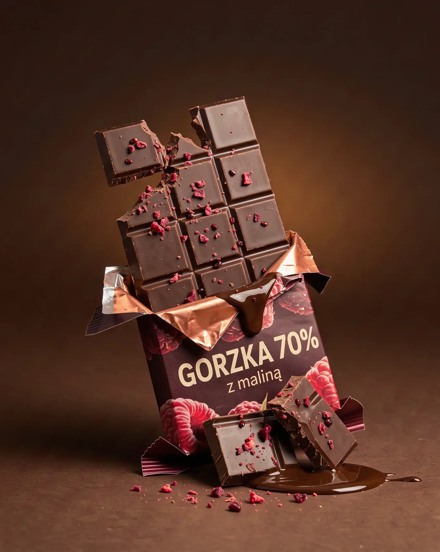 Snapped dark chocolate with raspberry, gold foil wrapper