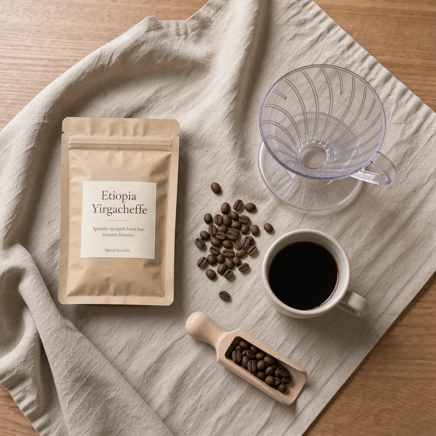 Coffee bag Etiopia Yirgacheffe flat lay with dripper, beans and cup
