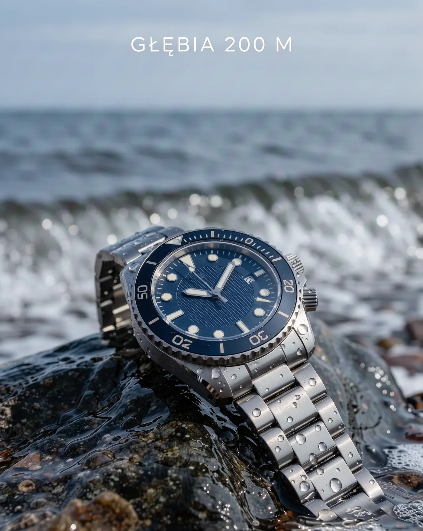 Dive watch on a wet Baltic rock, headline GŁĘBIA 200 M