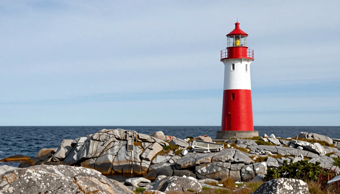 The tower now red with a white stripe, standing on grey rocks under clouds