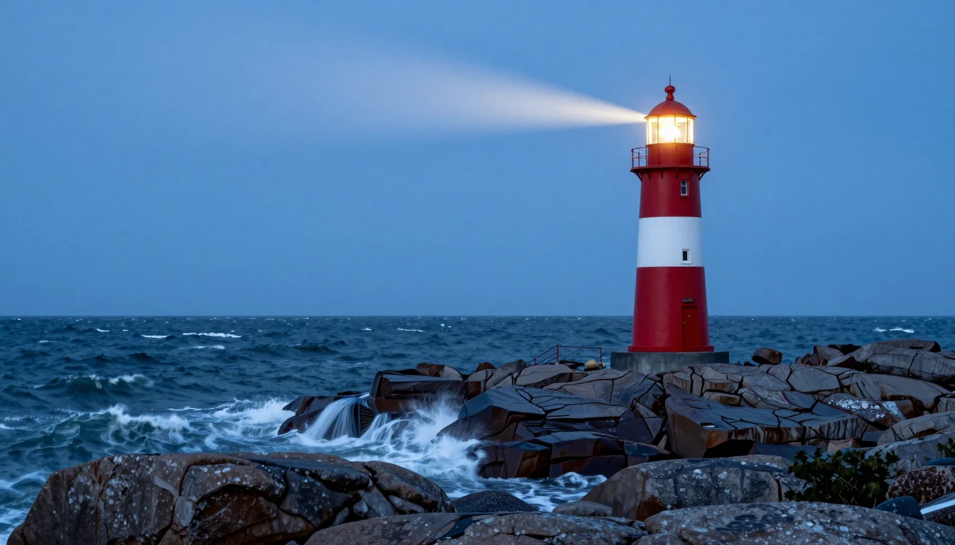 Dusk scene in deep blue, the lamp switched on, spray hitting the shore