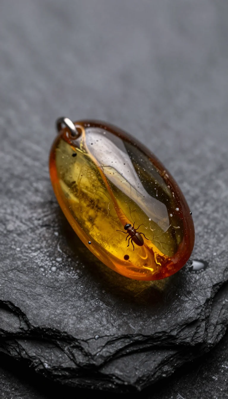 Amber pendant with a trapped insect on dark slate, vertical