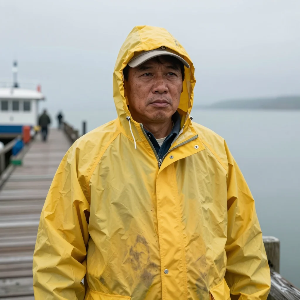 Fisherman on a pier in a yellow raincoat, a cap visible under the hood