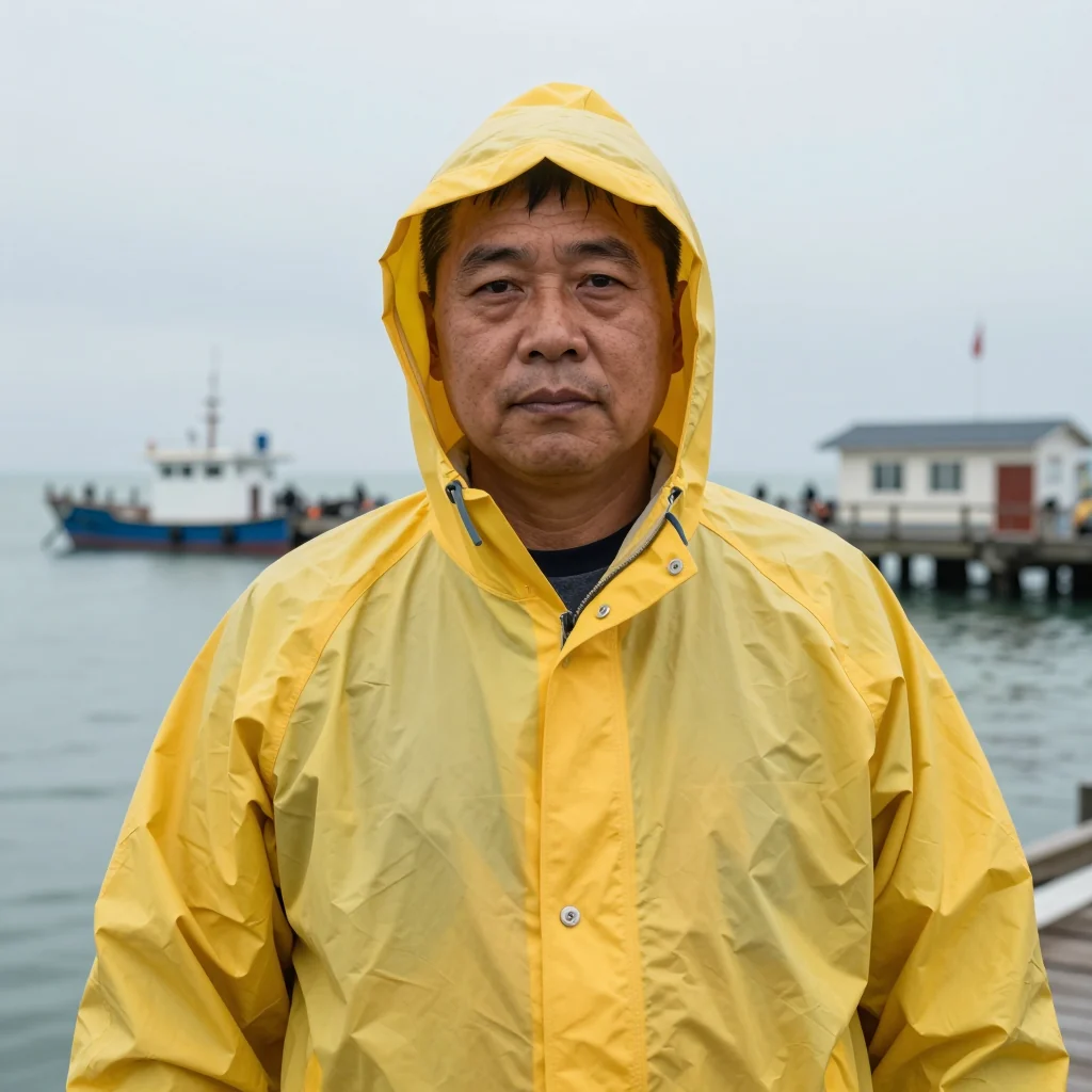 Another fisherman in yellow with his hood up and a boat in the background