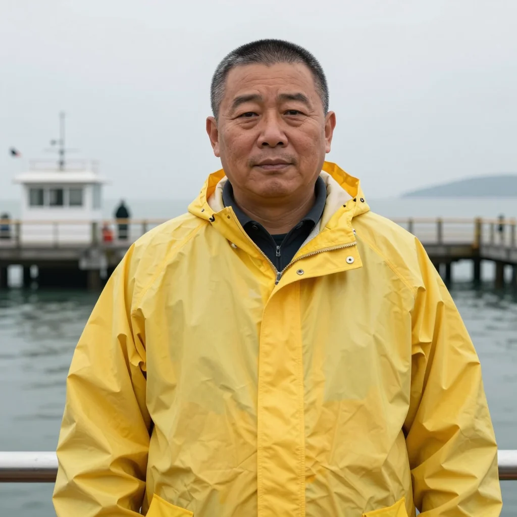 A third man in a yellow raincoat, hood down, hair cut short