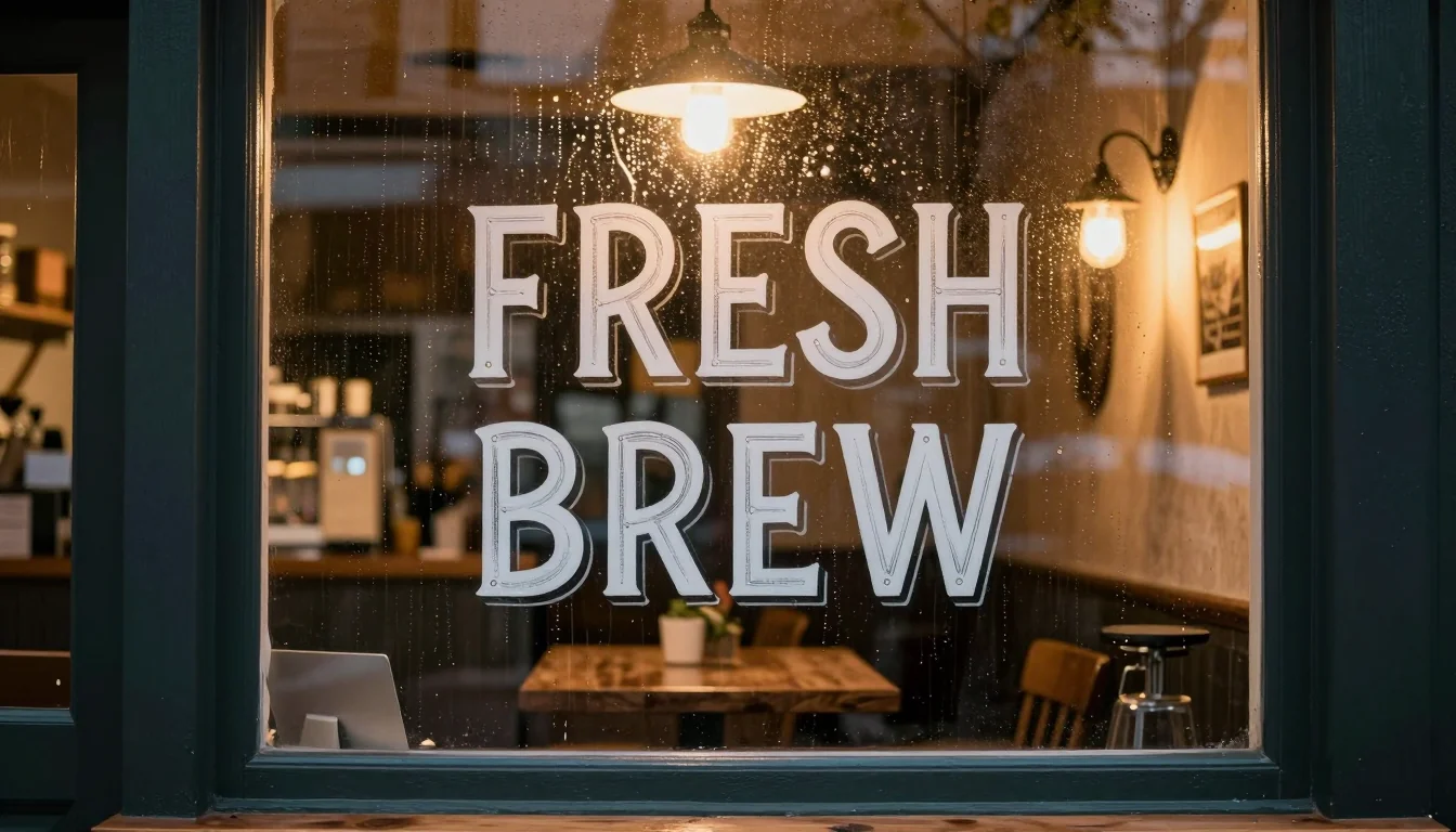 FRESH BREW lettered on a rainy cafe window