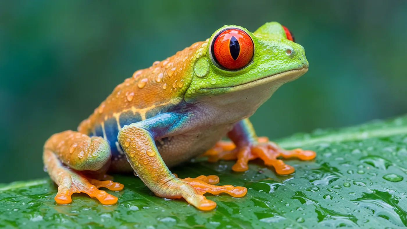 Close-up of a frog sitting on a leaf, rendered by Nano Banana Pro